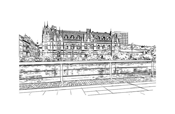 Print Building view with landmark of Bydgoszcz Észak-Lengyelország városa. Kézzel rajzolt vázlat illusztráció vektorban. - Vektor, kép