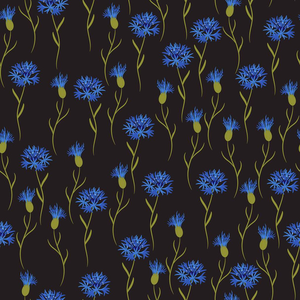 Eenvoudige Korenbloem wilde bloemen bloemige naadloze patroon op een zwarte achtergrond.  - Vector, afbeelding