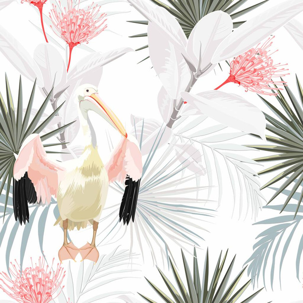 Pelikán pták s palmovými listy květinové bezešvé vzor na bílém pozadí. Exotické tapety z džungle. - Vektor, obrázek