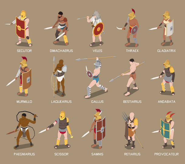 Zestaw izometryczny gladiatorów rzymskich - Wektor, obraz