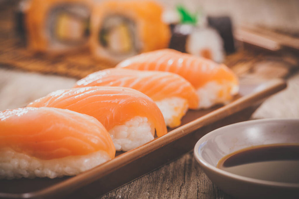 Homemade sushi with salmon,Japanese food - Foto, imagen
