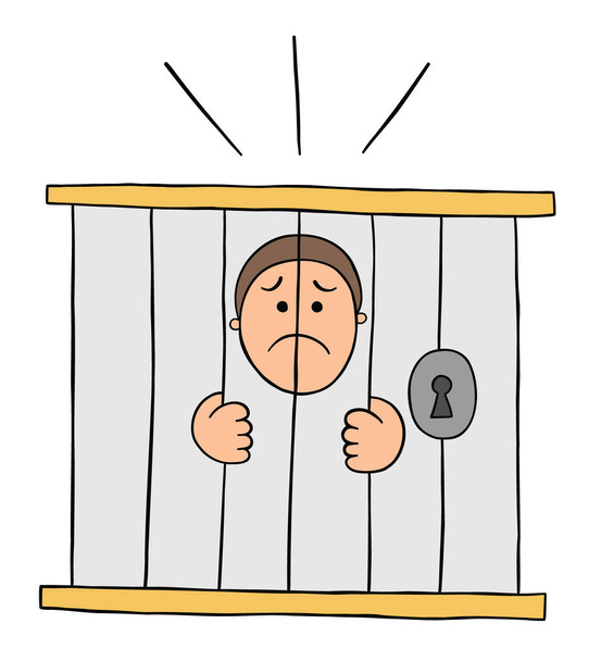 Cartoon man is in jail and very sad, vector illustration. Colored and black outlines. - Vector, Image