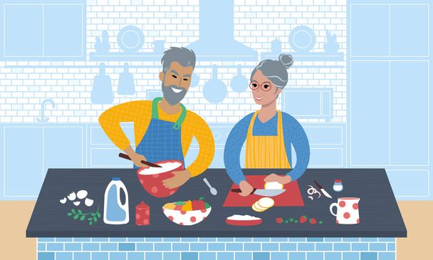 Šťastný starší pár, jak spolu vaří jídlo. Ilustrace vektoru plochého stylu. - Vektor, obrázek
