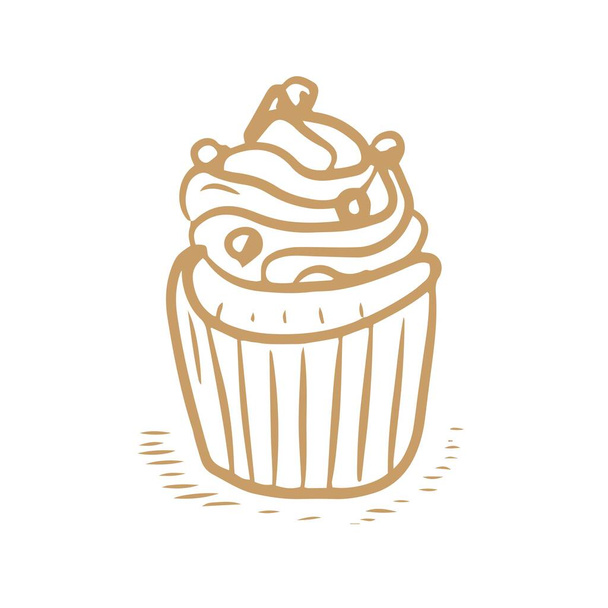 Γλυκά κέικ cupcakes διάνυσμα γραφικά χάραξη σκίτσο. ζωγραφισμένη στο χέρι εικόνα γλυκό φαγητό μενού μαγείρεμα γλυκά ζύμης. εκτύπωση λογότυπου backgroun - Διάνυσμα, εικόνα