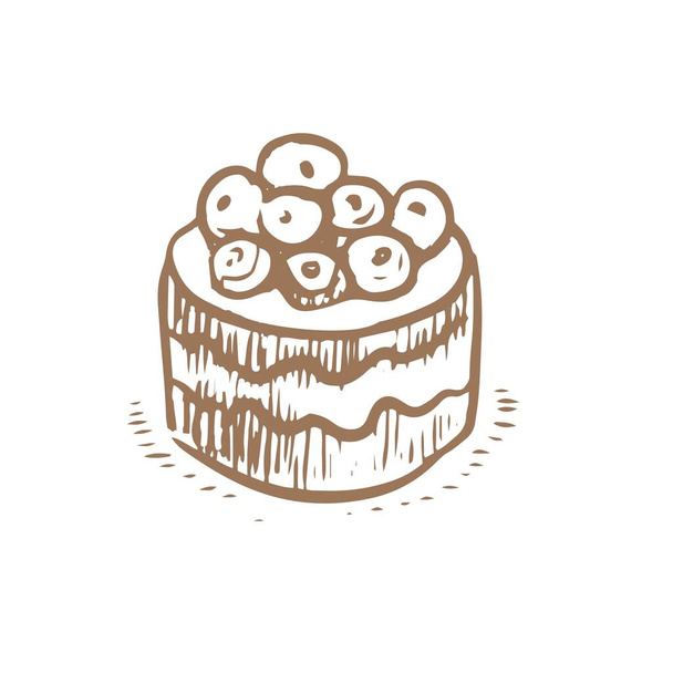 Pasteles pasteles cupcakes gráficos vectoriales grabado boceto. cuadro dibujado a mano menú de comida dulce cocinar dulces masa. imprimir logo textil backgroun - Vector, imagen