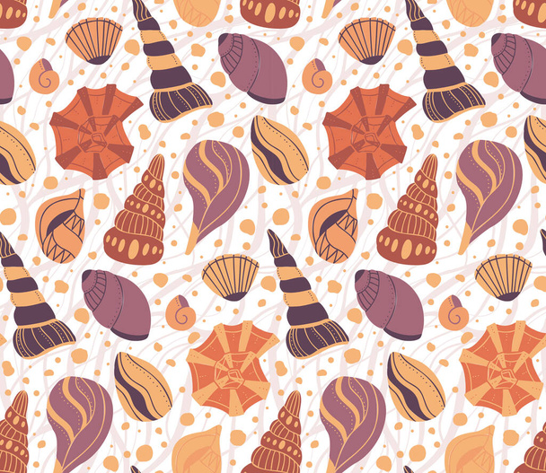 Seamless pattern with cartoon seashells with sand and doodle ornament in beige tone. Flat texture with ocean inhabitants with boho ornaments. Vector wallpaper with molluscs, shells and snails - Vektor, Bild