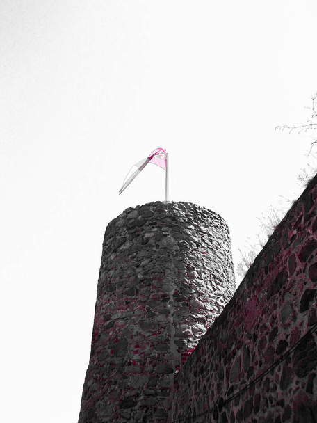 Mur historique avec tour de hibou et armoiries du XIIIe siècle - Photo, image