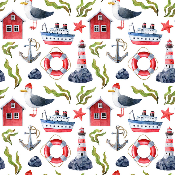 Watercolor seamless pattern with northern sea animals and elements isolated on white background. Texture for fabrics, wrapping paper, wallpapers, scrapbooking. - Photo, Image