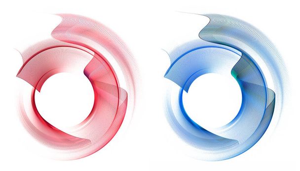 青と赤、縞模様、波状とアーチ状の要素は白い背景に丸いフレームを形成します。グラフィックデザイン要素セット。ロゴ、サイン、アイコン。3Dレンダリング。3Dイラスト - 写真・画像
