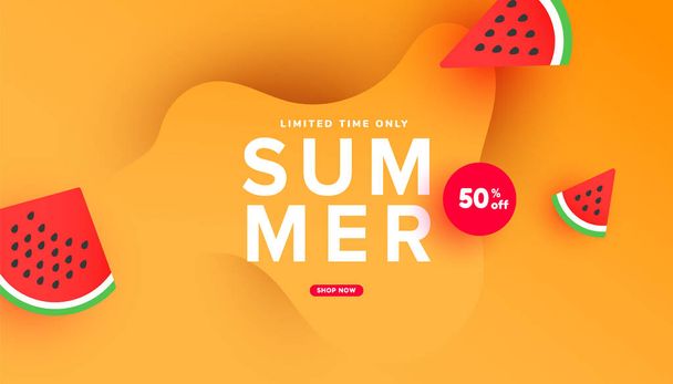 Hello summer sale banner design with tropical leaves and mature arbuz slices on yellow background with copy space for store marketing promotion. - Wektor, obraz