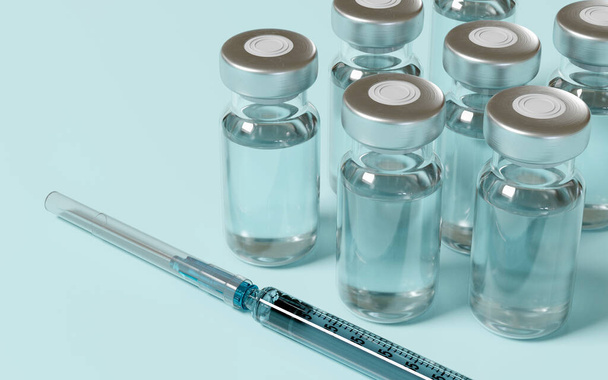 Closeup of vaccine bottles and syringe. 3D render. 3D illustration. - Foto, Imagen