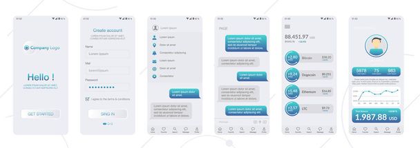 Design der mobilen App Cryptocurrency Wallet, Chat Room, UI, UX, GUI. Benutzer-Registrierungsbildschirme mit Login und Passwort-Eingabe, Account-Anmeldung, Anmeldung, Startseite. Template Application. UI-Design. - Vektor, Bild
