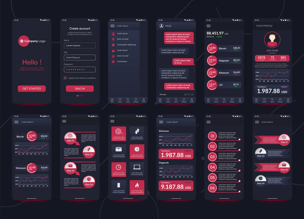 Design of mobile app Cryptocurrency wallet, Chat room, UI, UX, GUI. Set of user registration screens with login and password input, account sign in, sign up, home page. Template Application. UI Design. - Vector, Image