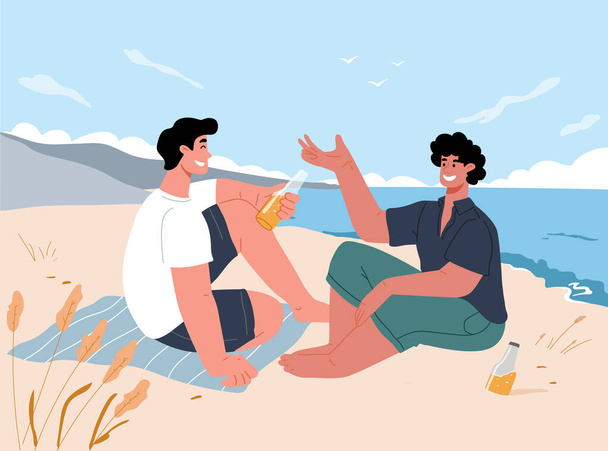 Δύο νεαροί άνδρες που κάθονται στην παραλία το καλοκαίρι, πίνοντας μπύρα και μιλώντας. Ο χρόνος με τον αρσενικό φίλο.Εικονογράφηση διάνυσμα - Διάνυσμα, εικόνα
