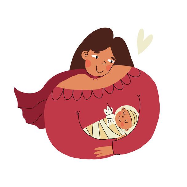 Super held moeder zorgvuldig houdt en knuffelt haar kleine baby en kijkt op kind met liefde en glimlach. Vectorillustratie. - Vector, afbeelding