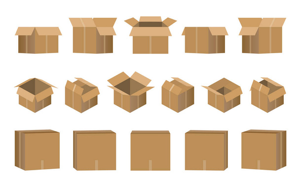 Emballage de livraison en carton boîte ouverte et fermée avec des signes fragiles - Vecteur, image