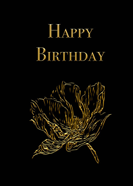 Feliz cumpleaños diseño de la tarjeta de felicitación. Adornos dorados sobre fondo negro.  - Foto, imagen