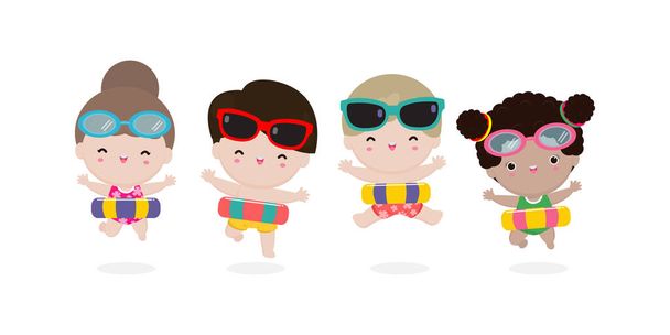 Hora de verão, crianças felizes do grupo na roupa da natação com brinquedos infláveis, crianças com salto inflável da bóia na natação, criança com ilustração do vetor do donut do flutuador isolada no fundo branco - Vetor, Imagem