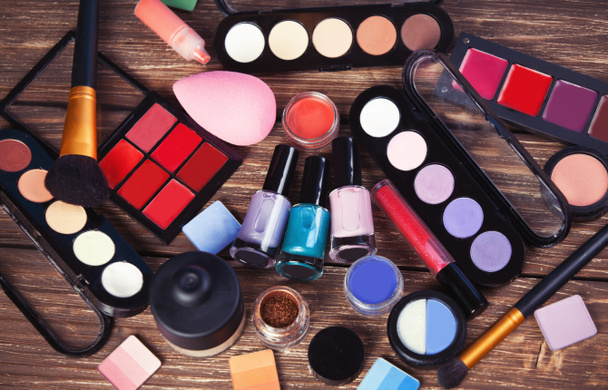 Cosmetics on wooden table. - Photo, Image