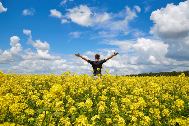Un fermier heureux se tient dans un champ de colza les mains en l'air. - Photo, image