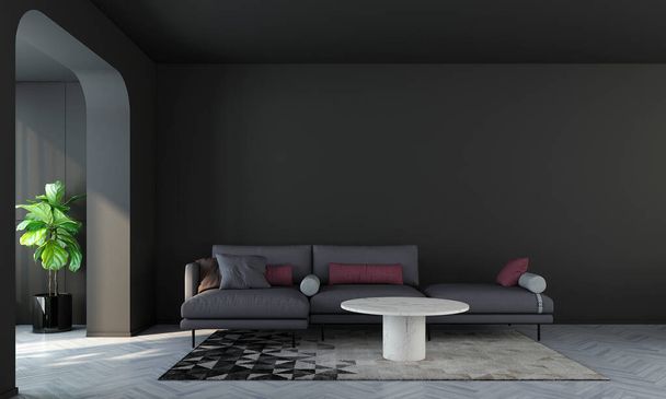 Μοντέρνο πολυτελές σαλόνι εσωτερική διακόσμηση και άδειο φόντο μαύρο τοίχο - Φωτογραφία, εικόνα