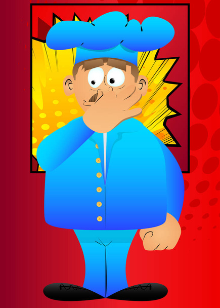 Fat male cartoon chef in uniform holding his nose because of a bad smell. Vector illustration. - Vector, Image
