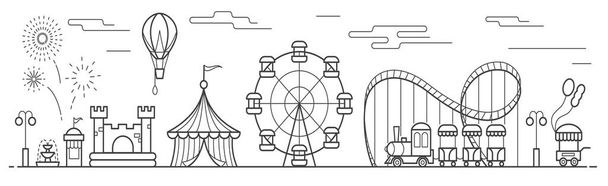Panorama di un parco divertimenti con ruota panoramica, circo, giostre, palloncino, castello gonfiabile. Paesaggio del parco urbano. Illustrazione del vettore di contorno - Vettoriali, immagini