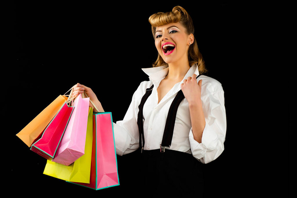 Black friday concept. Happy woman. Successful shopping. Sale with discounts. - Fotó, kép