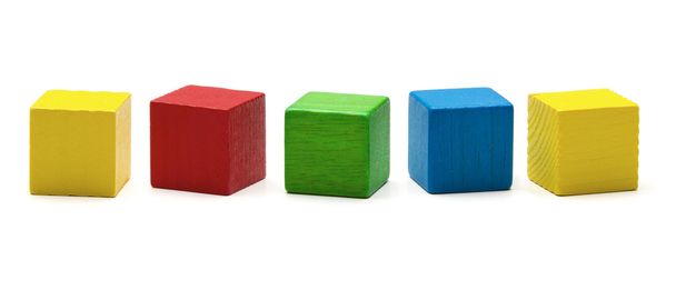 Toy blocks, multicolor wooden game cube, blank boxes isolated white background - Photo, Image