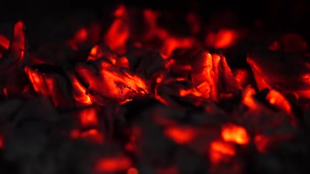 Smoldering sintels De brandende textuur van rode houtskool in een barbecue grill - Video