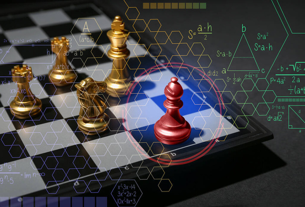 Chess pieces on checkerboard against dark background - Valokuva, kuva