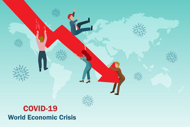 Düşen grafikten düşen iş adamları. Covid-19 'un küresel ekonomik durgunluk ve krize etkisi.  - Vektör, Görsel