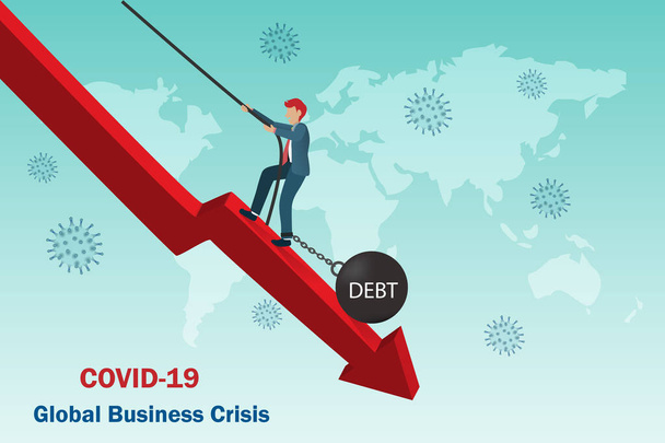 Бизнесмен тянет веревку, пытаясь выжить от долгов и диаграммы спада от пандемии Ковида-19, воздействия на глобальный экономический спад и кризис, банкротства бизнеса - Вектор,изображение