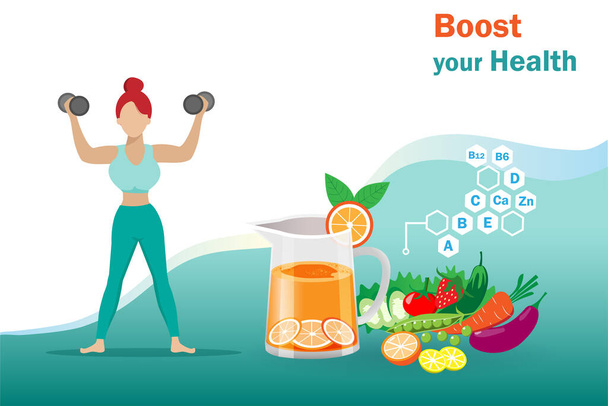Healthy woman in fitness suit holding dumbbell with fruit and vegetable foods.  - Vector, Image