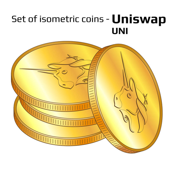 Ensemble de pièces d'or en pile Uniswap UNI en vue isométrique isolé sur blanc. Illustration vectorielle. - Vecteur, image