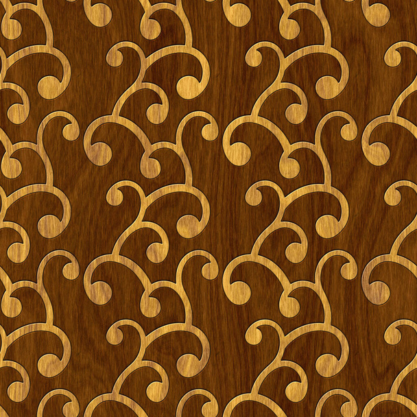 Geschnitzte Wirbel Muster auf Holz Hintergrund nahtlose Textur, Intarsien-Panel, 3D-Illustration - Foto, Bild
