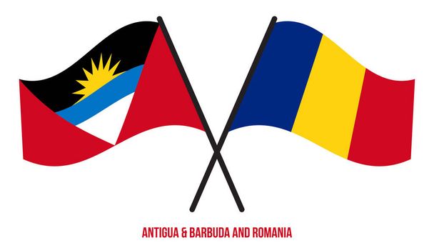 Antigua y Barbuda y Rumania banderas cruzadas y ondeando estilo plano. Proporción oficial. Colores correctos. - Vector, Imagen