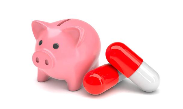 Pink piggy bank and pills in capsules on a white background. Savings concept for treatment. 3d render - Foto, afbeelding