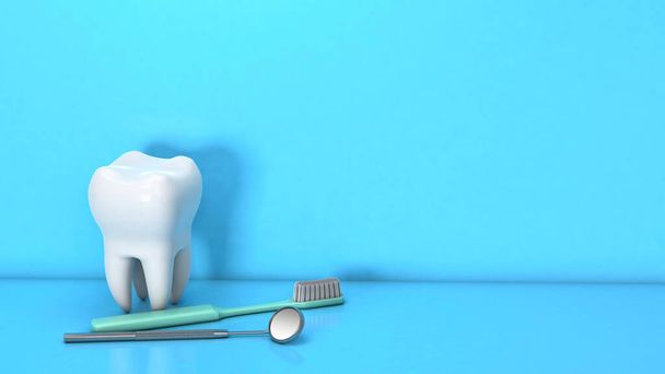 Zahn und zahnärztliches Instrument. Zahnspiegel und Zahnbürste mit Zähnen auf blauem Hintergrund. Kopieren Sie Platz für Text. 3D-Darstellung - Foto, Bild