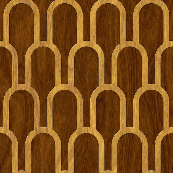 Carved geometric pattern on wood background seamless texture, marquetry panel, 3d illustration - Fotografie, Obrázek
