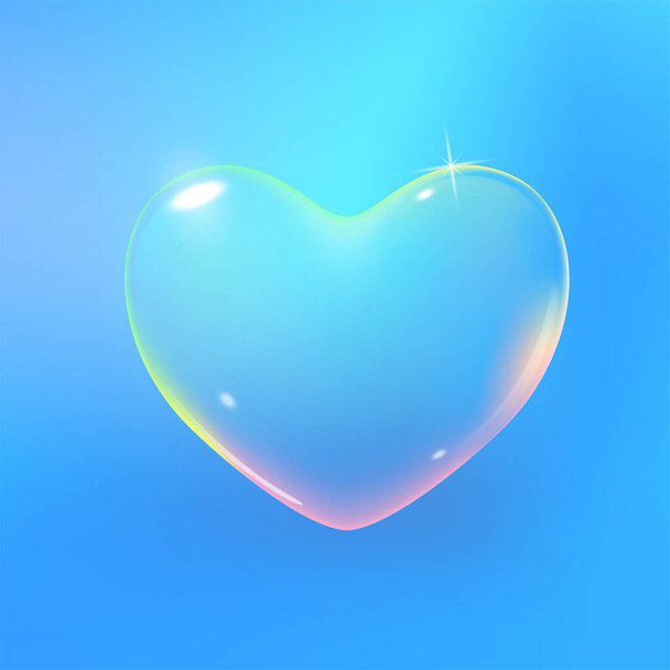 Realistic transparent multicolored rainbow vector soap bubble shaped as heart. Romantic glossy soapy heart. Valentine day symbol. Blue background. - Vettoriali, immagini