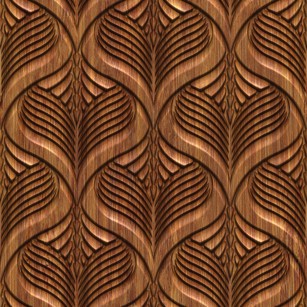 Geschnitzte Fischschuppen Muster auf Holz Hintergrund nahtlose Textur, 3D-Illustration - Foto, Bild