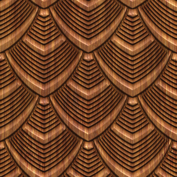 Carved fish scales pattern on wood background seamless texture, 3d illustration - Foto, afbeelding