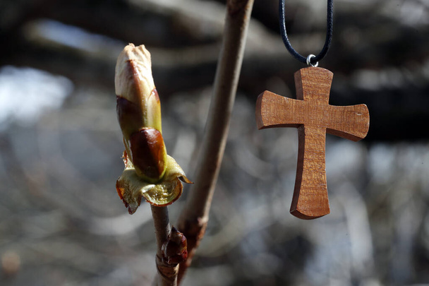 Krzyż chrześcijański i symbol życia, który pokonuje przeszkody. - Zdjęcie, obraz