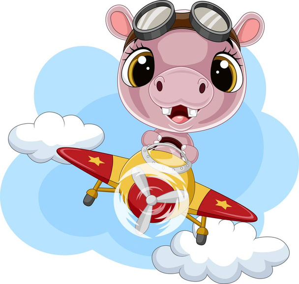 Vektorová ilustrace Kresleného hrocha, který provozuje letadlo - Vektor, obrázek