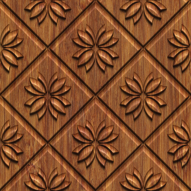 Carved geometric flowers pattern on wood background seamless texture, 3d illustration - Foto, afbeelding