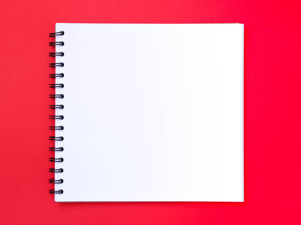 Blanko-Notizbuch auf rotem Grund zum Schreiben und Gestalten. - Foto, Bild