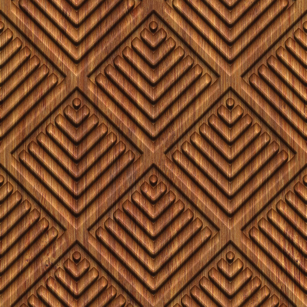 Patrón geométrico tallado sobre fondo de madera textura sin costuras, panel, ilustración 3d - Foto, imagen