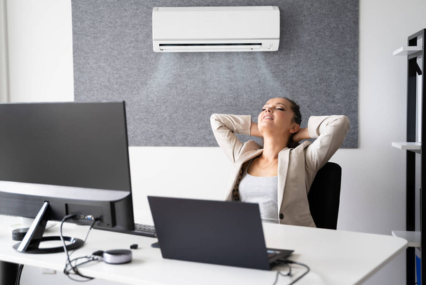Happy Businesswoman Working In Office With Air Conditioning - Photo, image