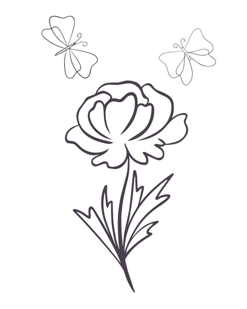Flower with butterflies, line art. Vector illustration of a flower with blossoming petals and moths. Hand drawing botanical natural concept. Minimalistic modern style. - ベクター画像